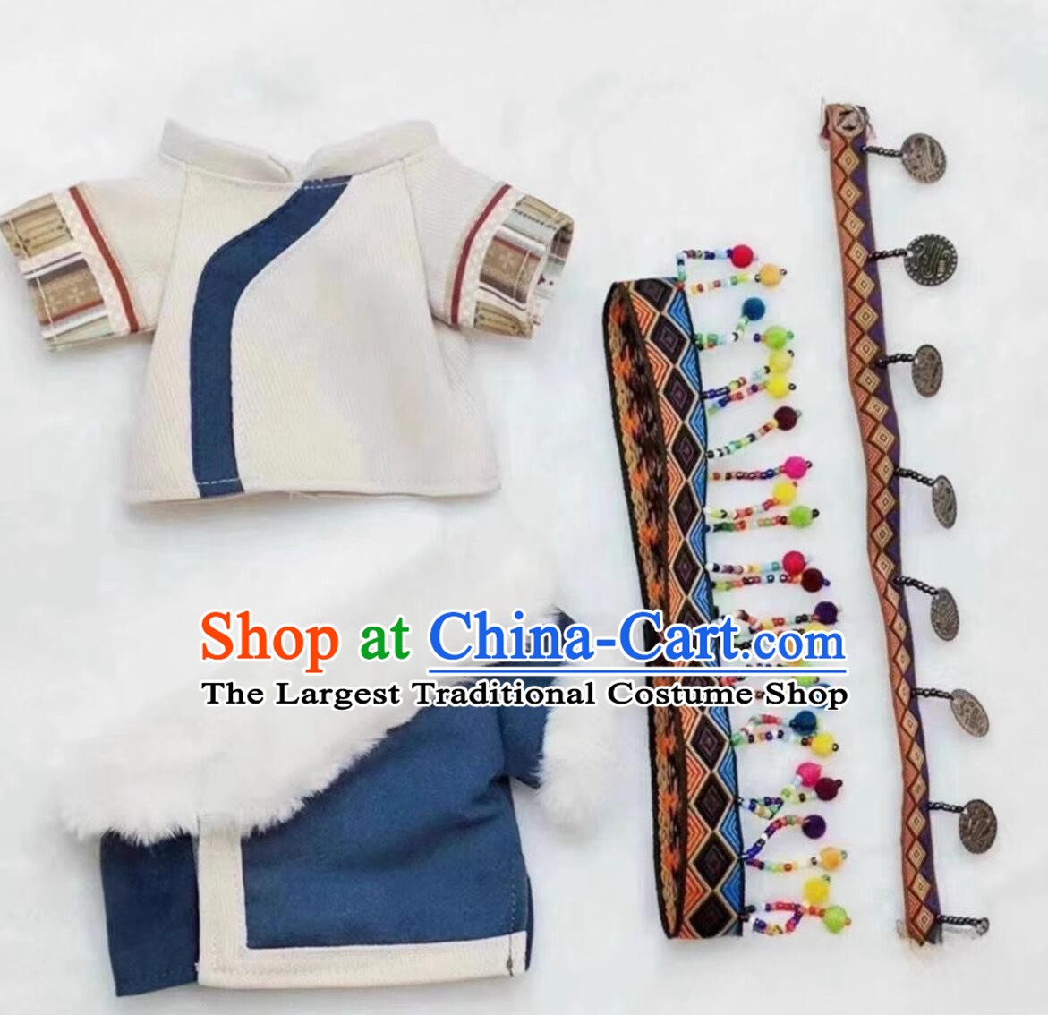 Labubu Doll Costumes Chinese Tibetan Outfit Zang Nationality Blue Outfit and Headpiece Complete Set