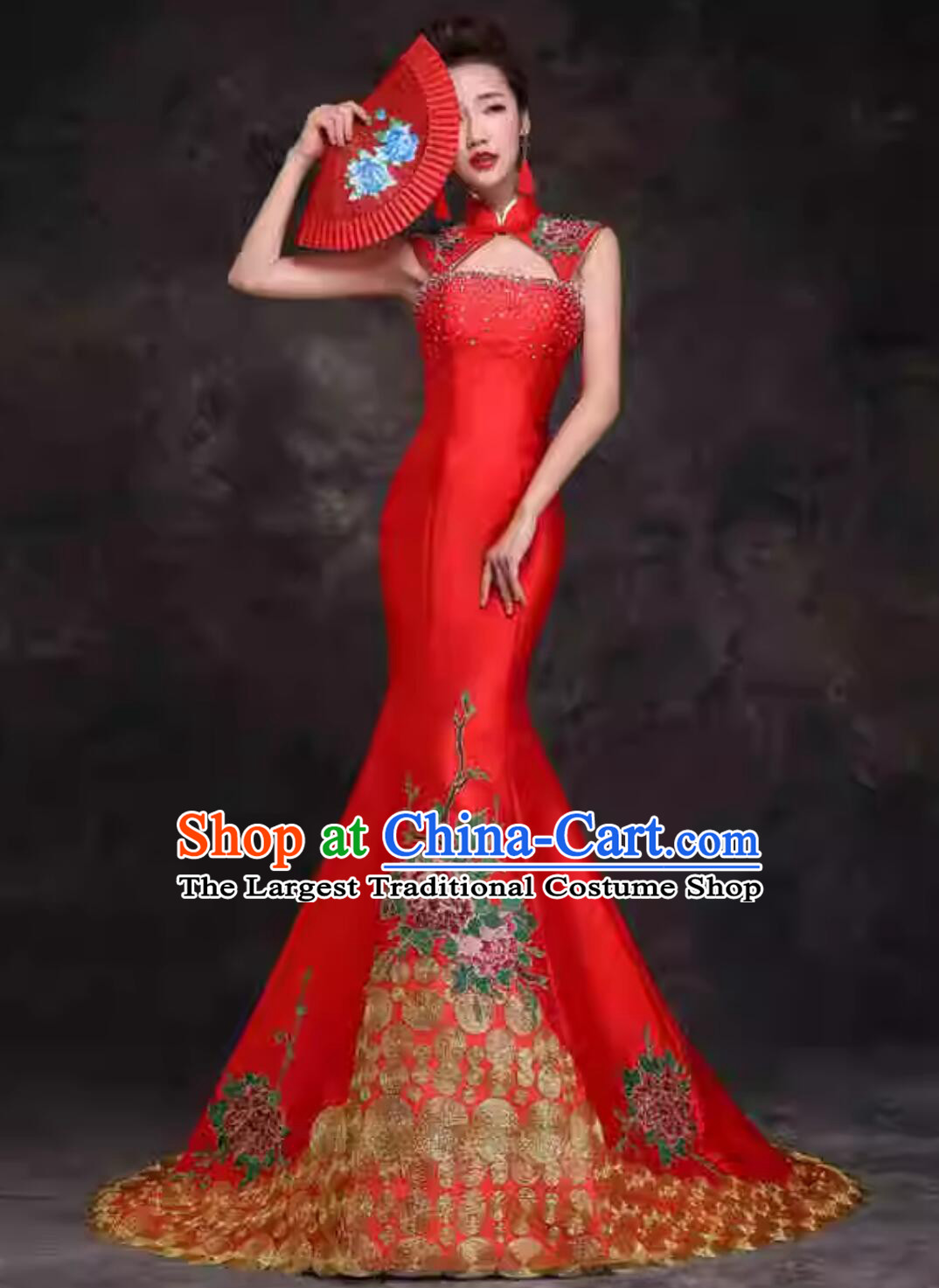 Chinese Style Performance Qipao Wedding Banquet Dress Embroidered Mermaid Tail Evening Gown
