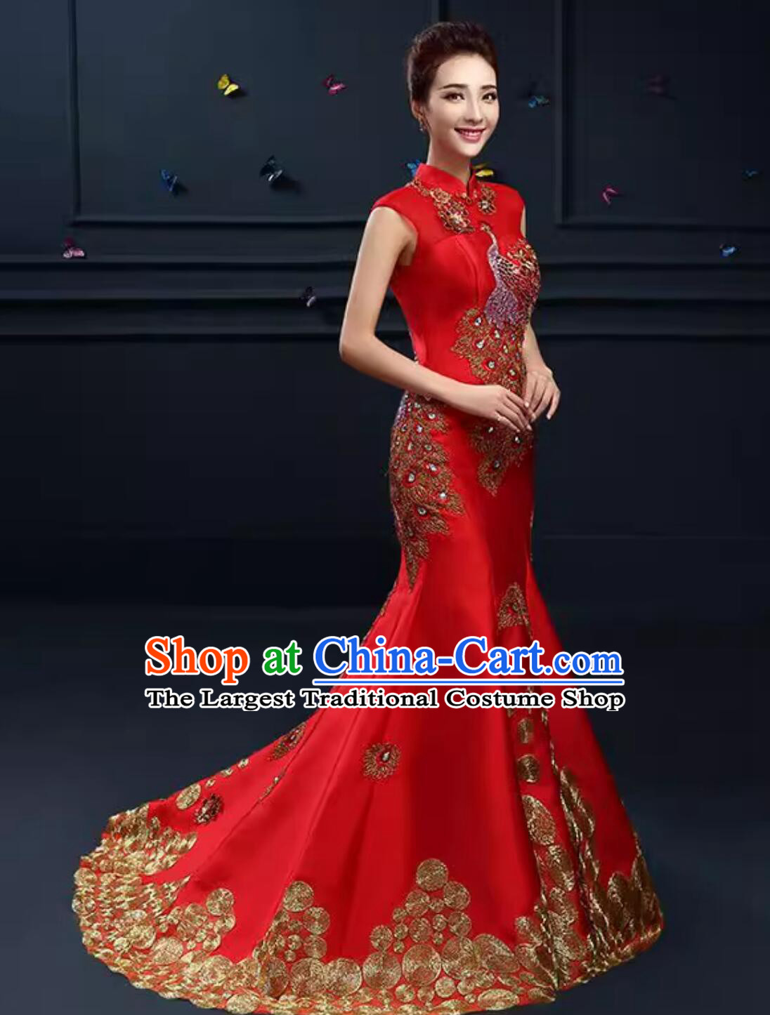Red Phoenix Bride Dress Hostess Evening Gala Mermaid Long Train Gown Chinese Style Costume