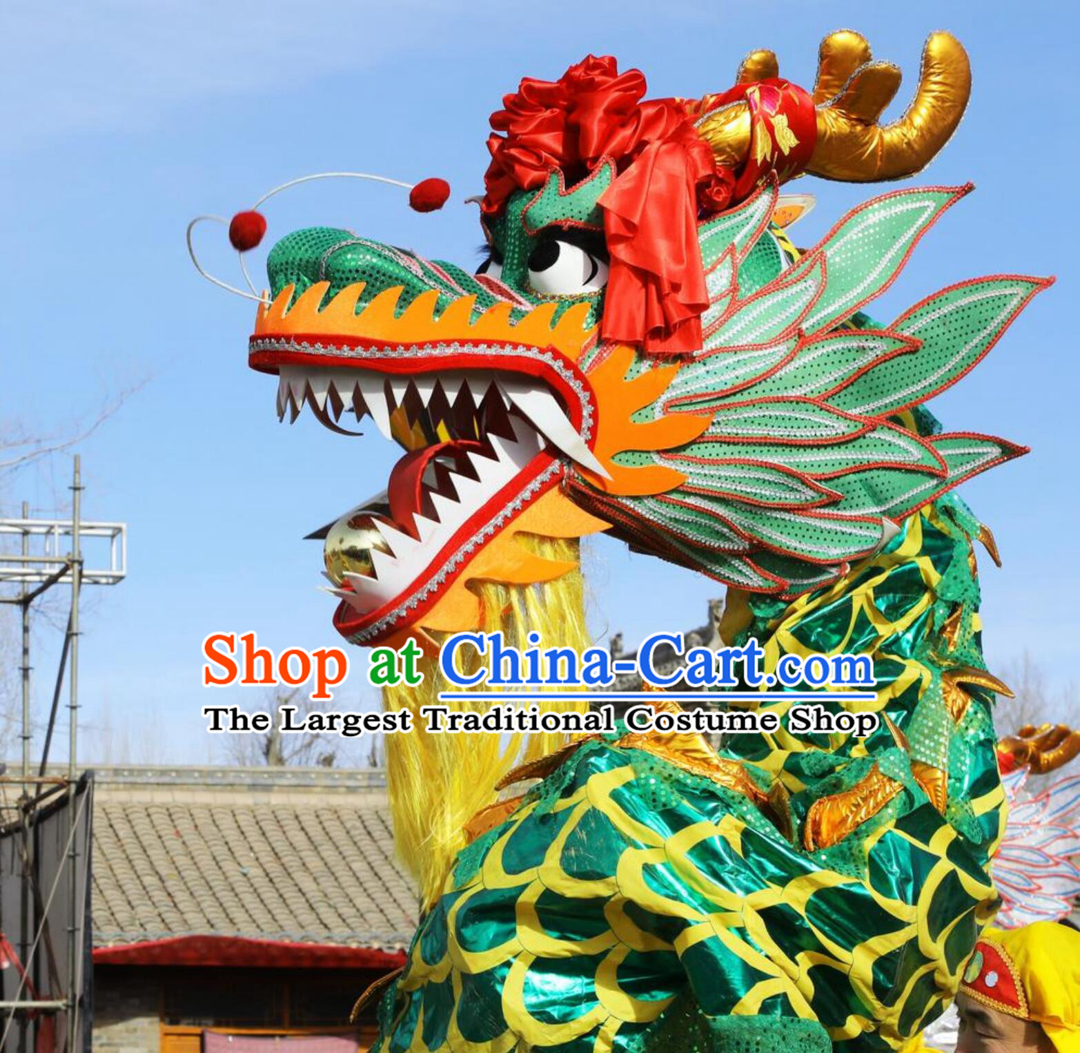 Green Traditional Dragon Dance Prop Chinese Festival Dragon Dance Equipment Dragon Head Costume Complete Set