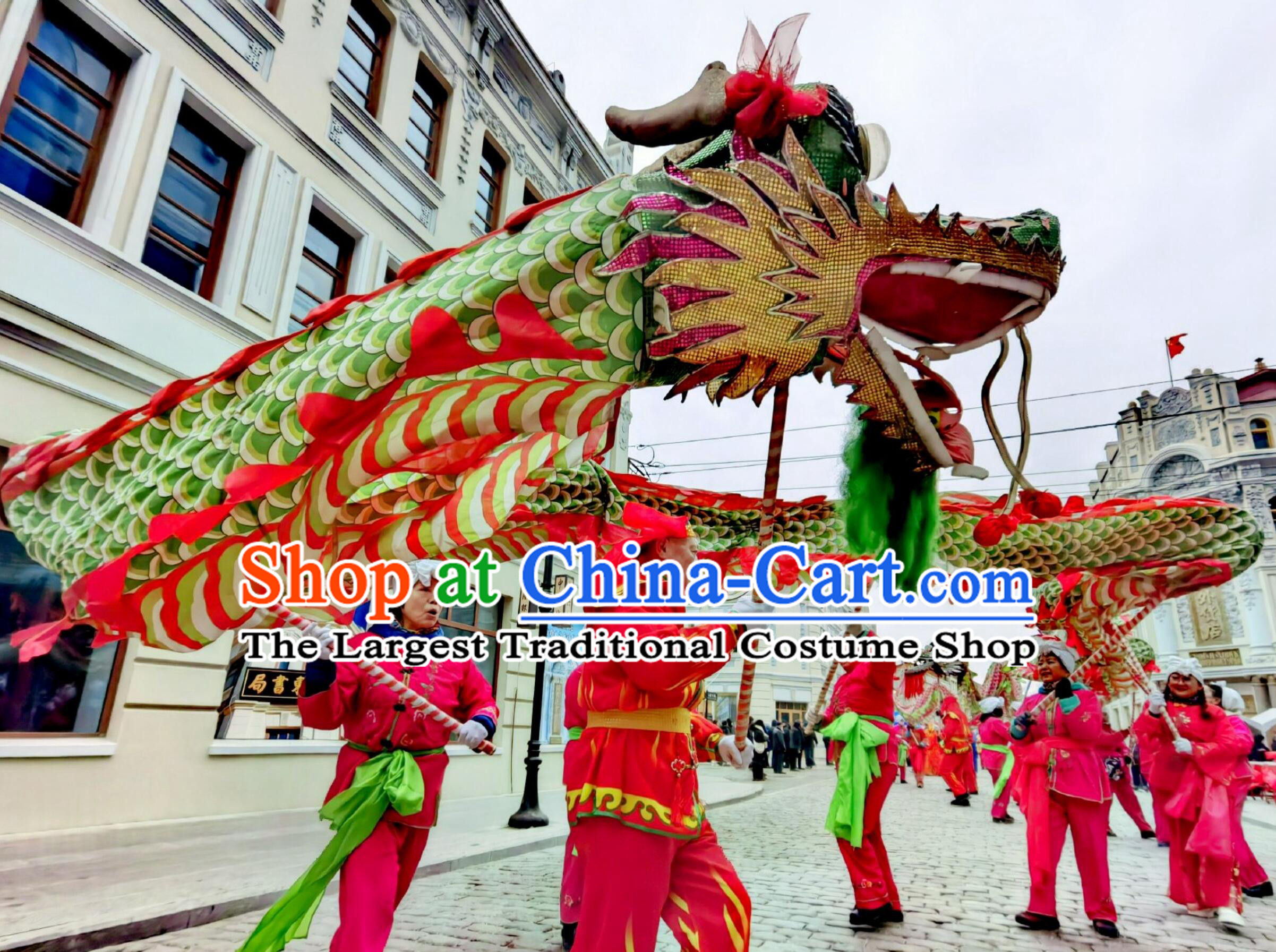 Chinese Festival Dragon Dance Equipment Green Cloth Traditional Dragon Dance Prop Dragon Head and Costume Complete Set