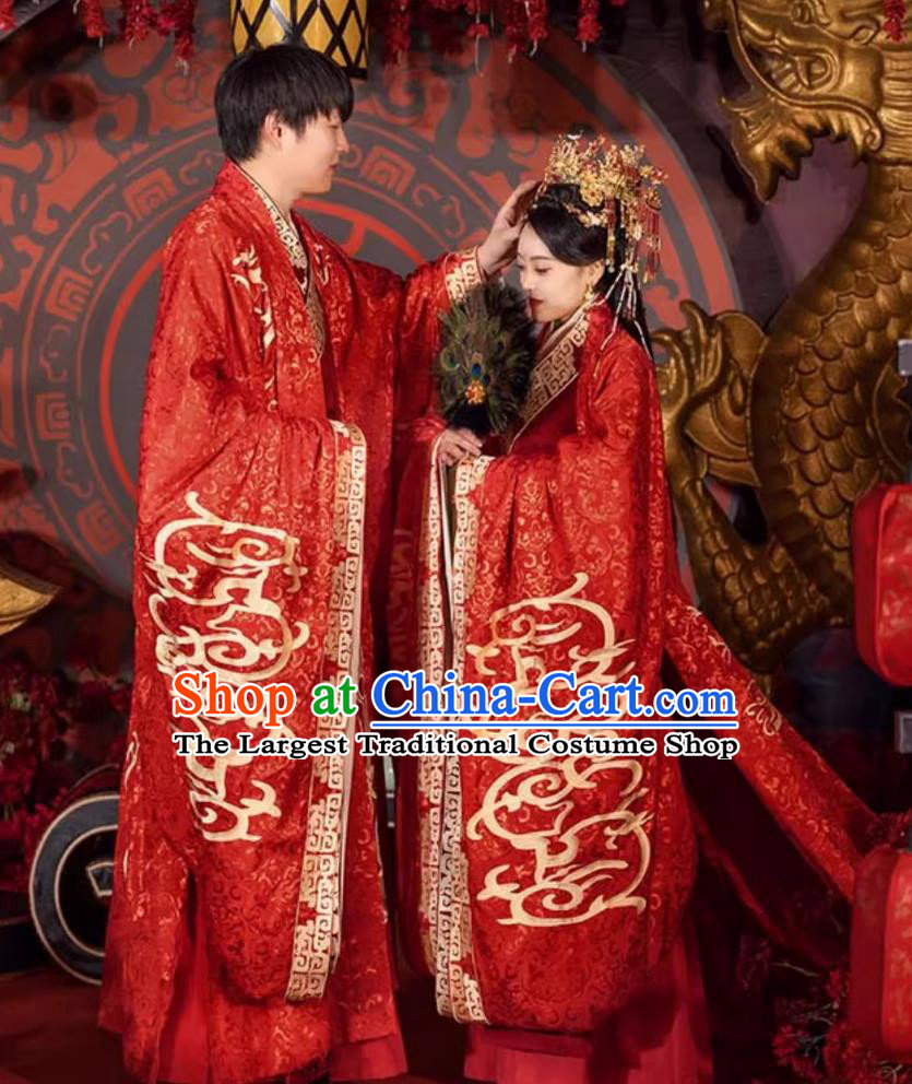 Zhou Dynasty Hanfu Wedding Dress Heavy Embroidery Long Train Attires Ancient Chinese Couple Red Outfits