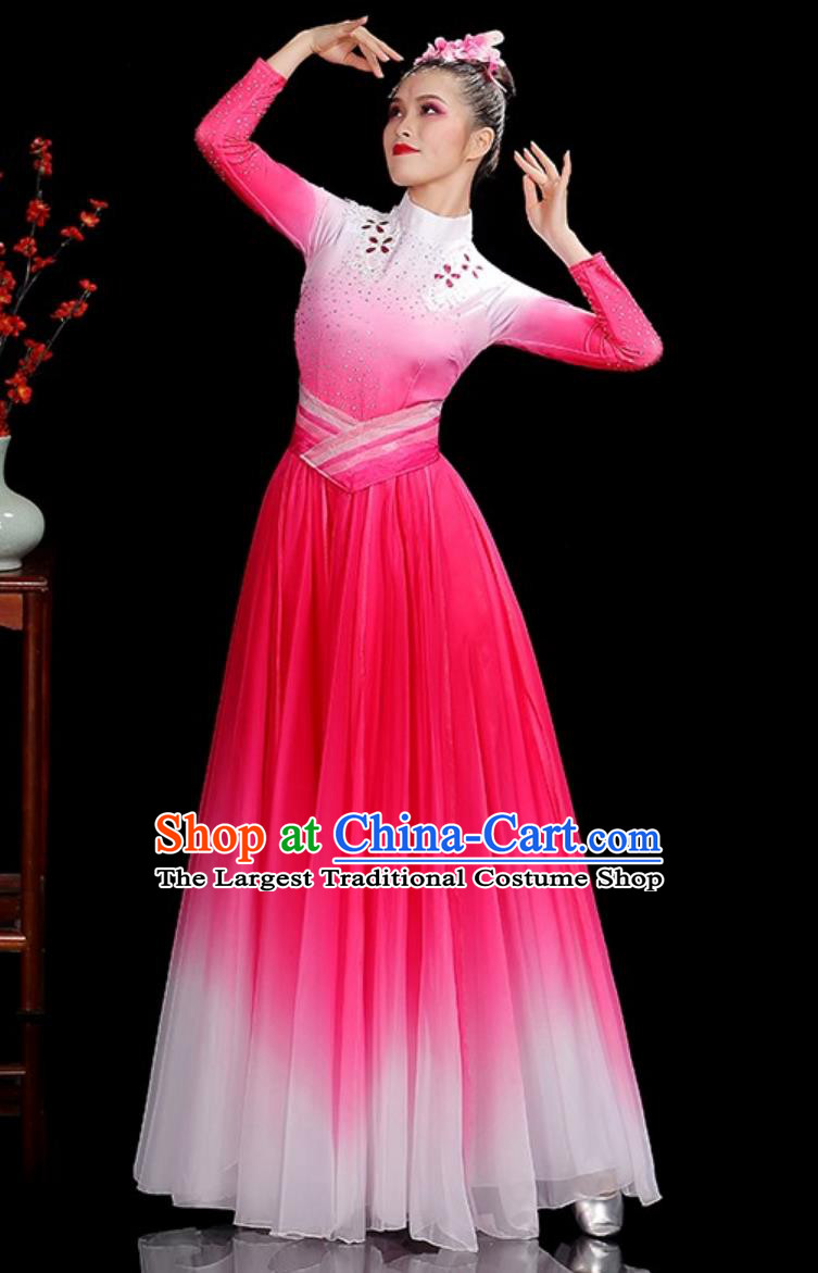 Pink Chinese Women Group Performance Costume 720 Degree Opening Dance Flared Dress