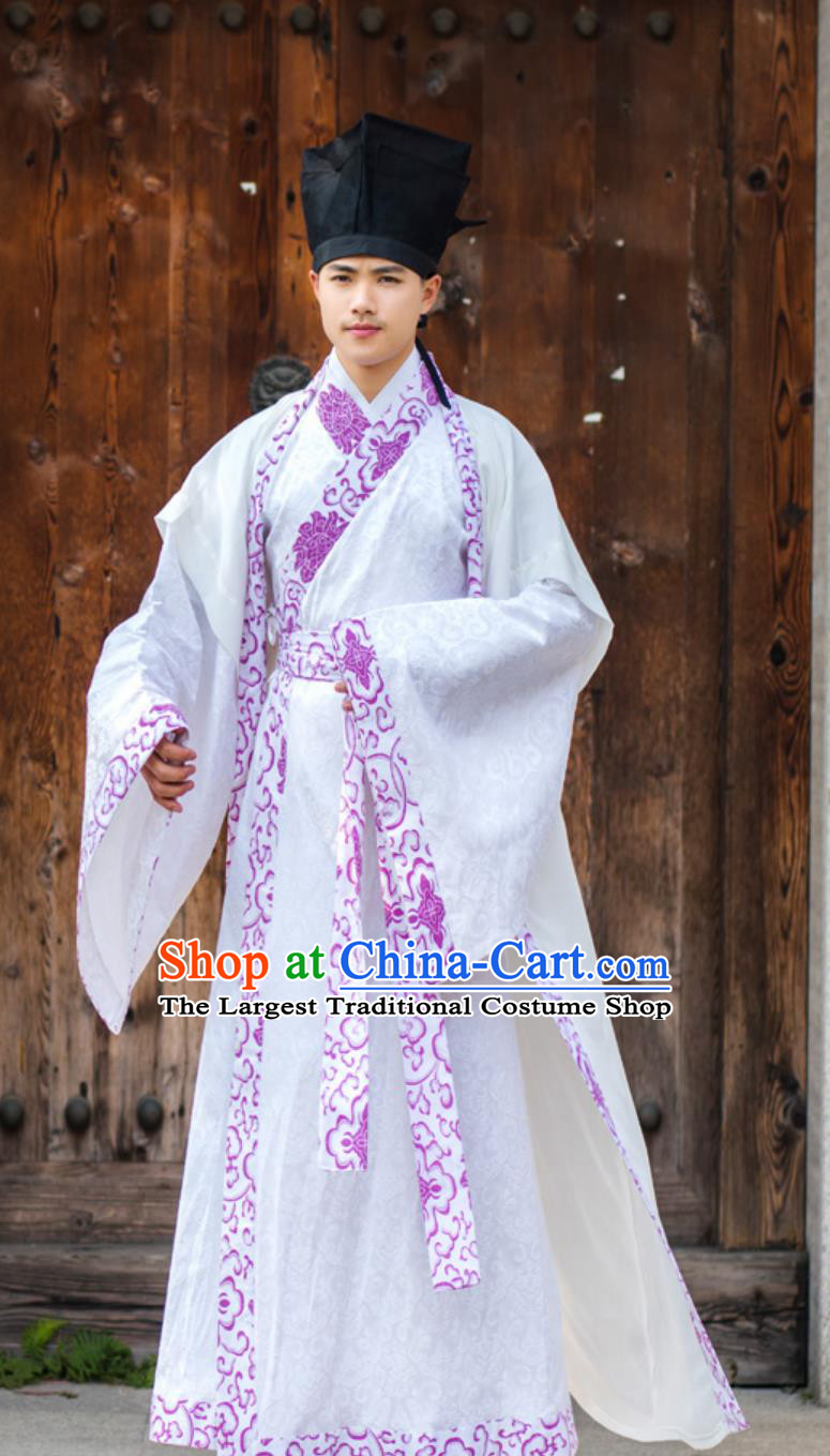 Ancient Chinese Scholar Clothing Mens Hanfu Ming Dynasty Zhiju Robe Chiffon Long Half Sleeve Outfit
