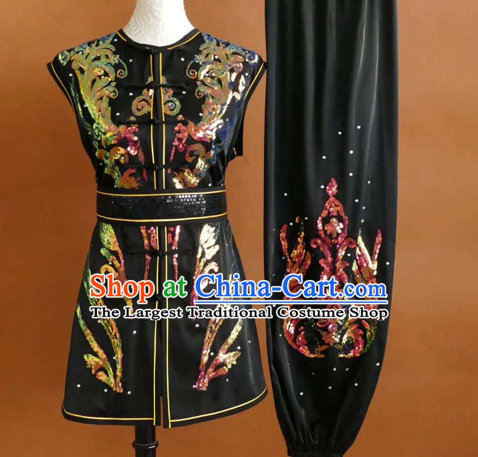 Wushu Nanquan Black Uniform Sequins Embroidery Kung Fu Suit Martial Arts Training Competition Costume