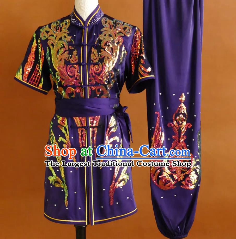 Professional Changquan Uniform Glitter Embroidery Martial Arts Purple Suit Wushu Training Competition Costume