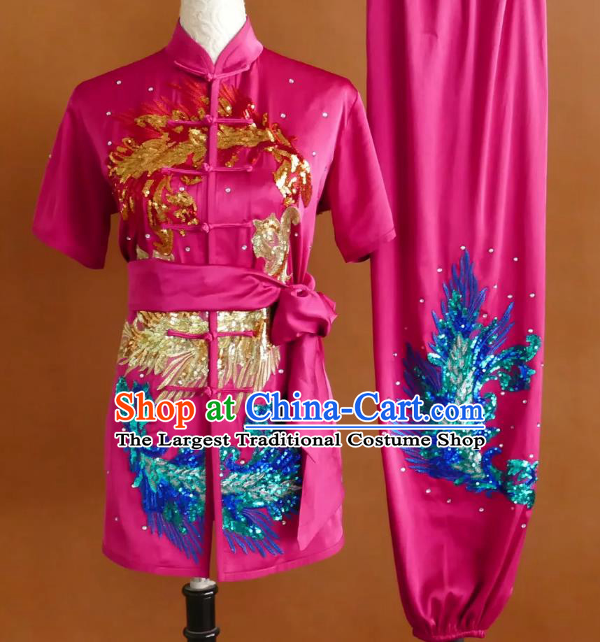 Wushu Training Competition Costume Professional Changquan Uniform Glitter Embroidery Martial Arts Pink Suit