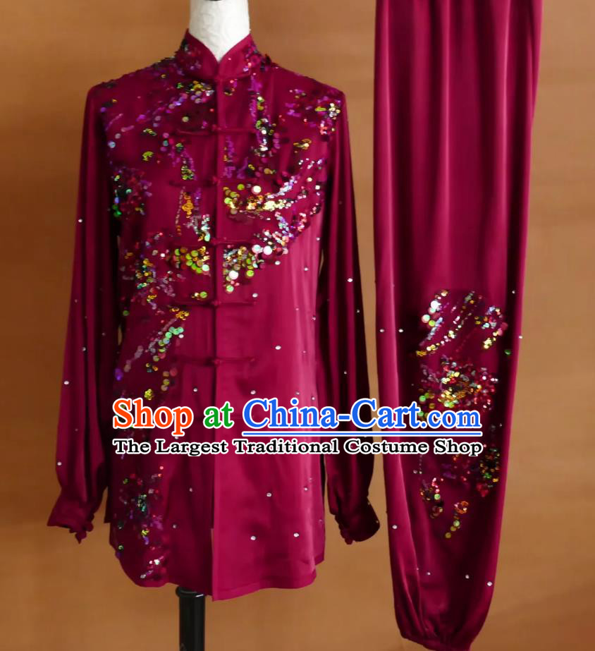 Glitter Embroidery Martial Arts Wine Red Suit Wushu Training Competition Costume Professional Tai Chi Uniform