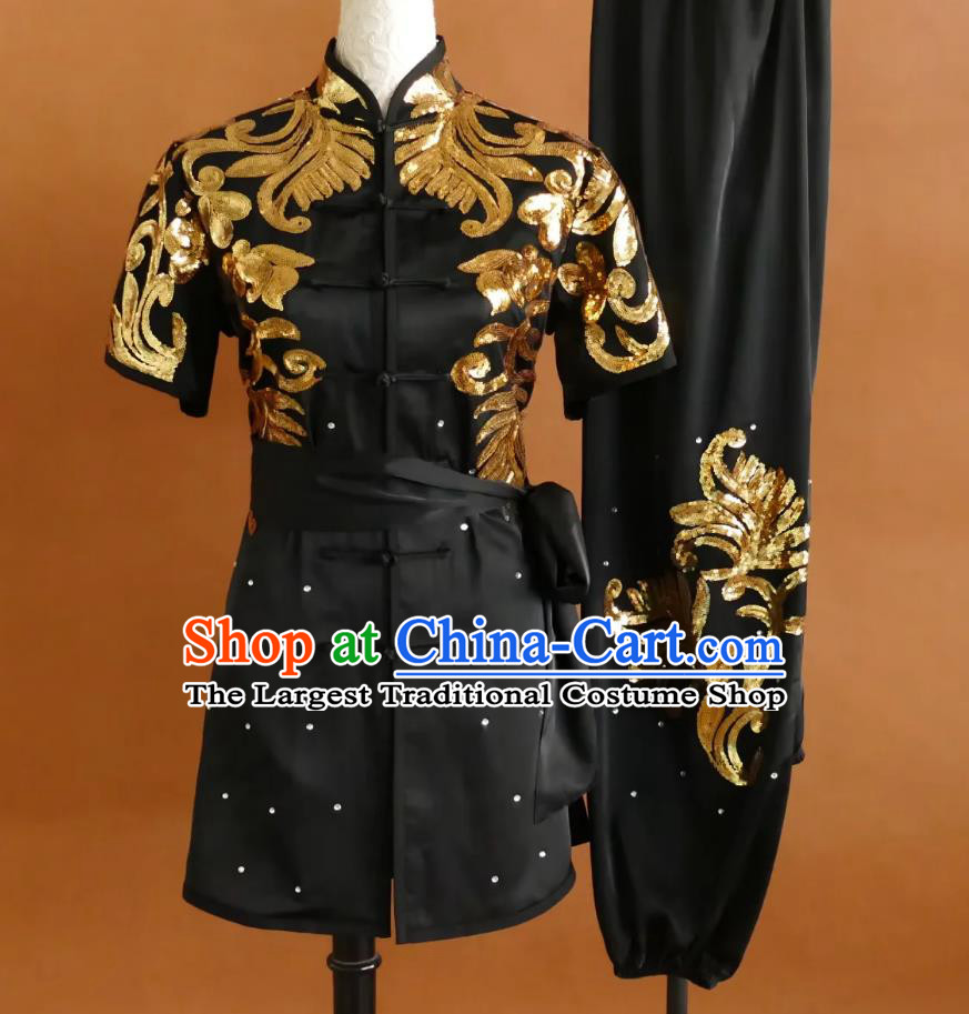 Professional Wushu Changquan Competition Costume Kung Fu Training Uniform Glitter Embroidery Martial Arts Black Suit