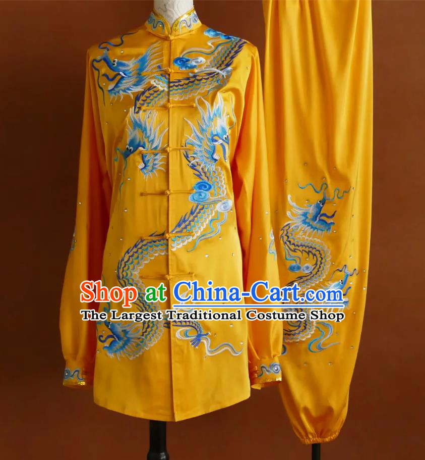 Dragon Embroidered Martial Arts Costume Tai Chi Performance Uniform Kung Fu Taiji Yellow Outfit