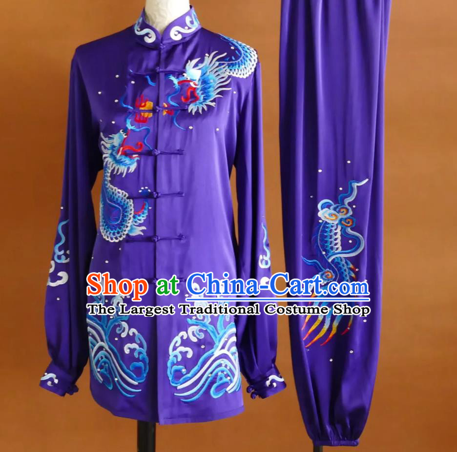 Kung Fu Taiji Purple Outfit Dragon Embroidered Martial Arts Costume Tai Chi Performance Uniform