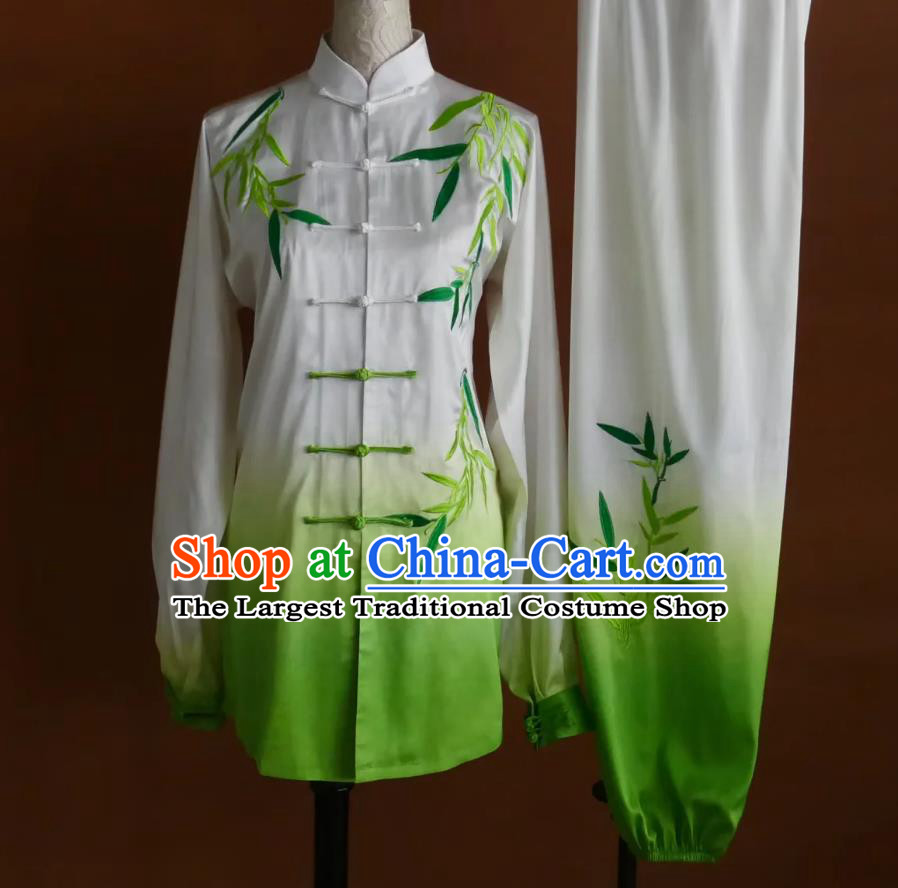 Tai Chi Performance Gradient White to Green Uniform Kung Fu Taiji Outfit Bamboo Embroidered Martial Arts Costume
