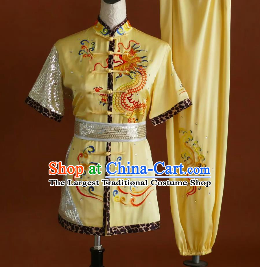 Dragon Embroidered Martial Arts Costume Wushu Performance Yellow Uniform Kung Fu Competition Leopard Outfit