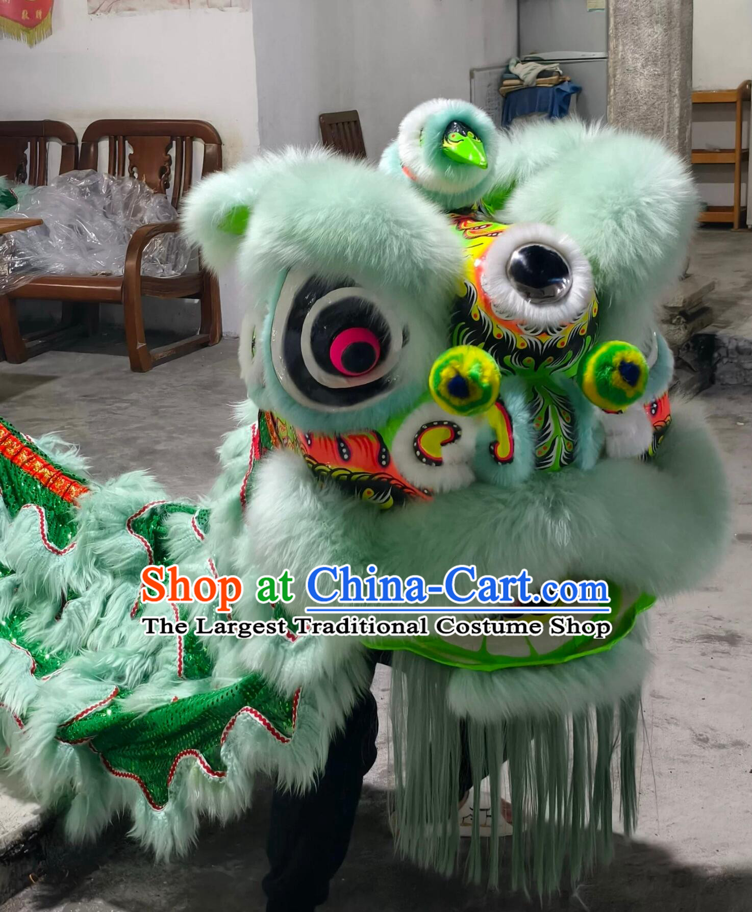 Southern Lion Light Green Wool Head Chinese Lion Dance Prop Traditional Dancing Lion Costume Equipment Complete Set