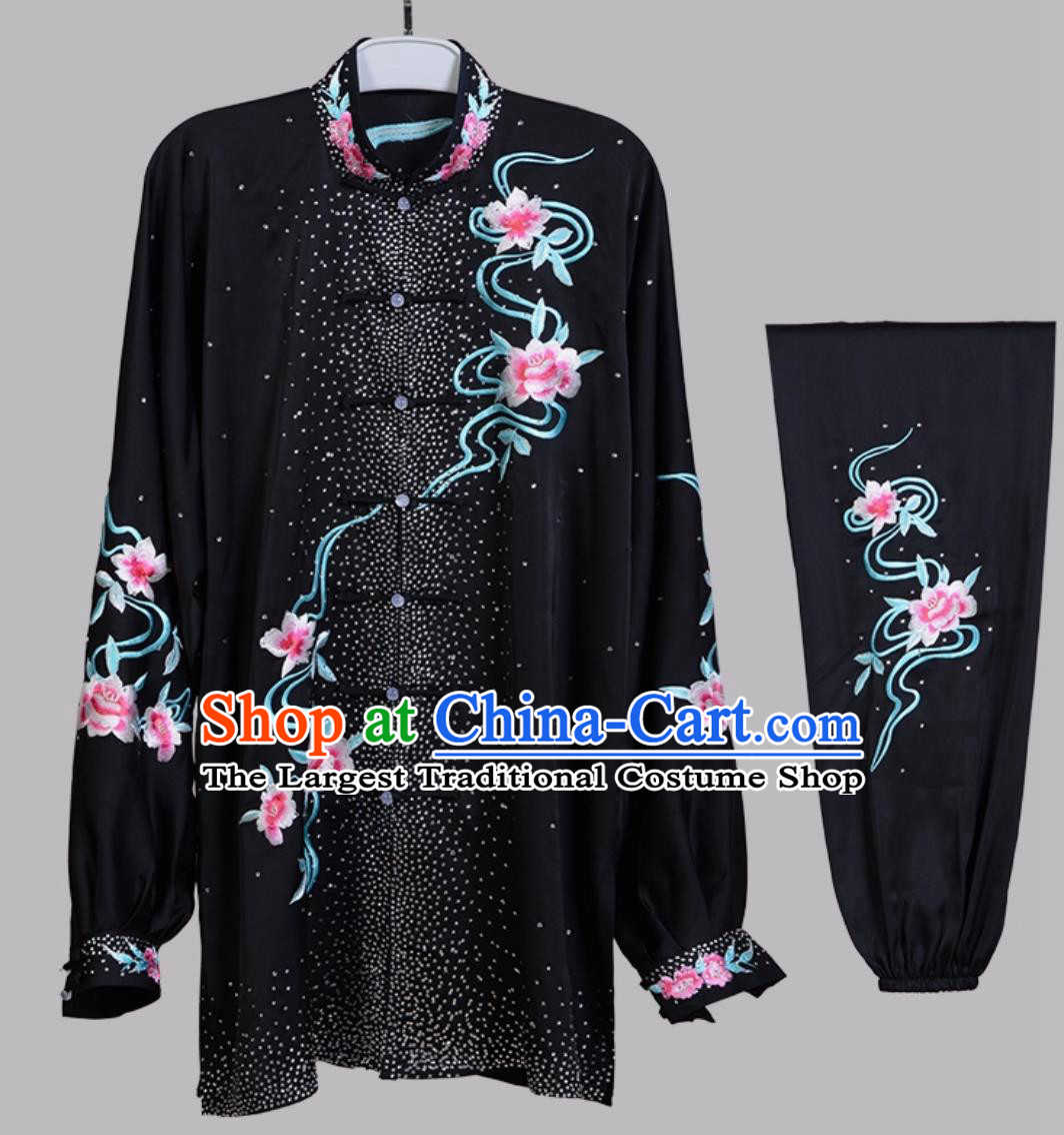 Embroidered Crystal Rhinestone Chinese Kung Fu Performance Outfit Wushu Taiji Competition Uniform Martial Arts Training Black Suit