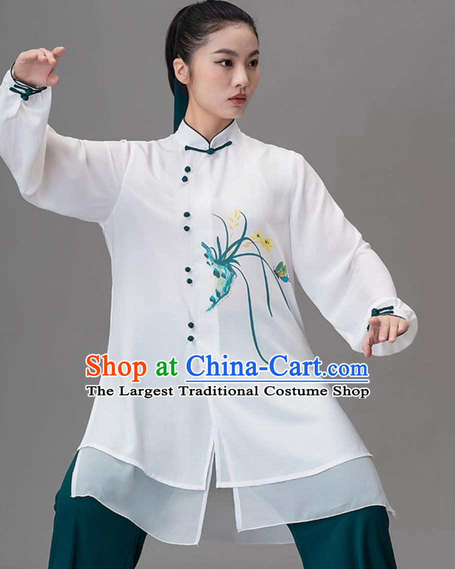 Hand Painted Orchid Tai Chi Suit Kung Fu Training Performance Outfit Qigong Martial Arts Group Uniform