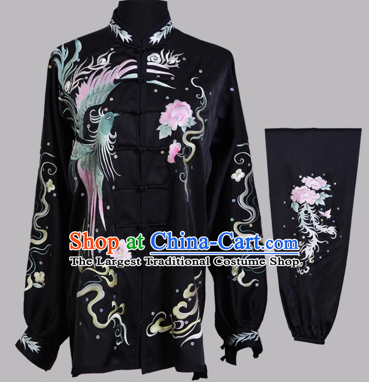 Wushu Training Wear Embroidered Phoenix Peony Tai Chi Suit Kung Fu Performance Outfit Martial Arts Competition Uniform