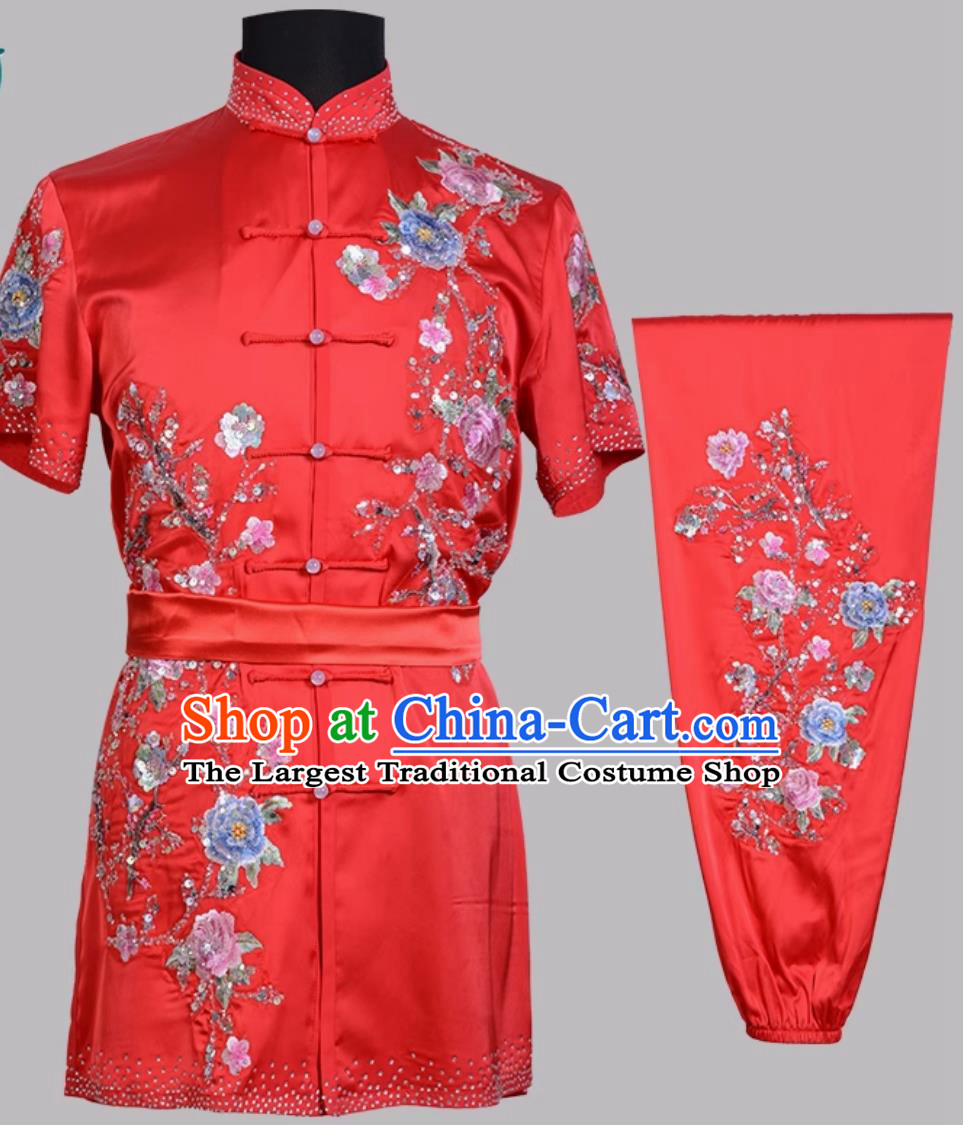 Sequins Embroidery Wushu Clothing Red Martial Arts Suit Changquan Costume Kung Fu Competition Uniform