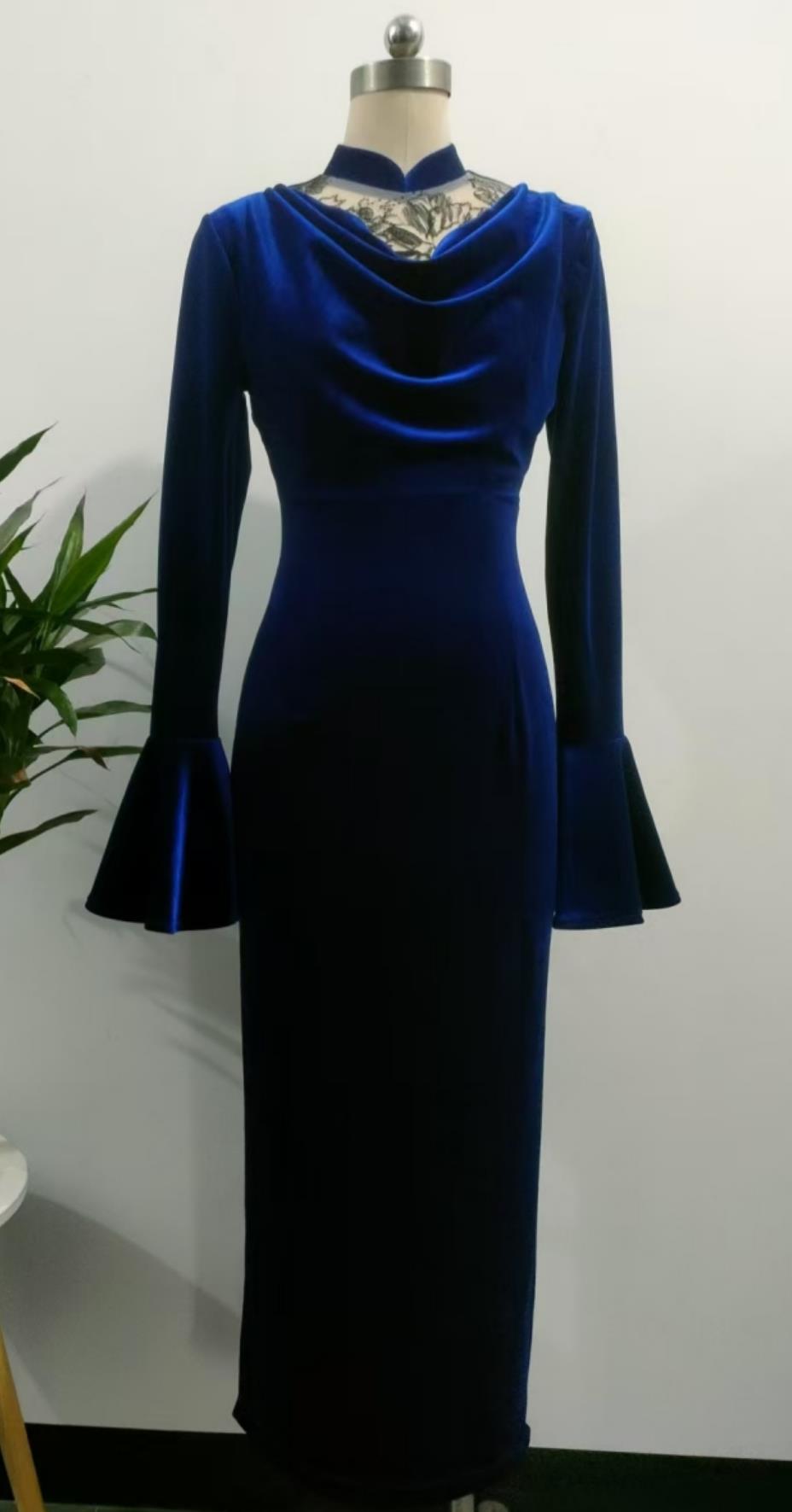 Plus Size 150kg Navy Blue Velvet Retro Dress with Lotus Sleeves for Banquet Toast Occasions