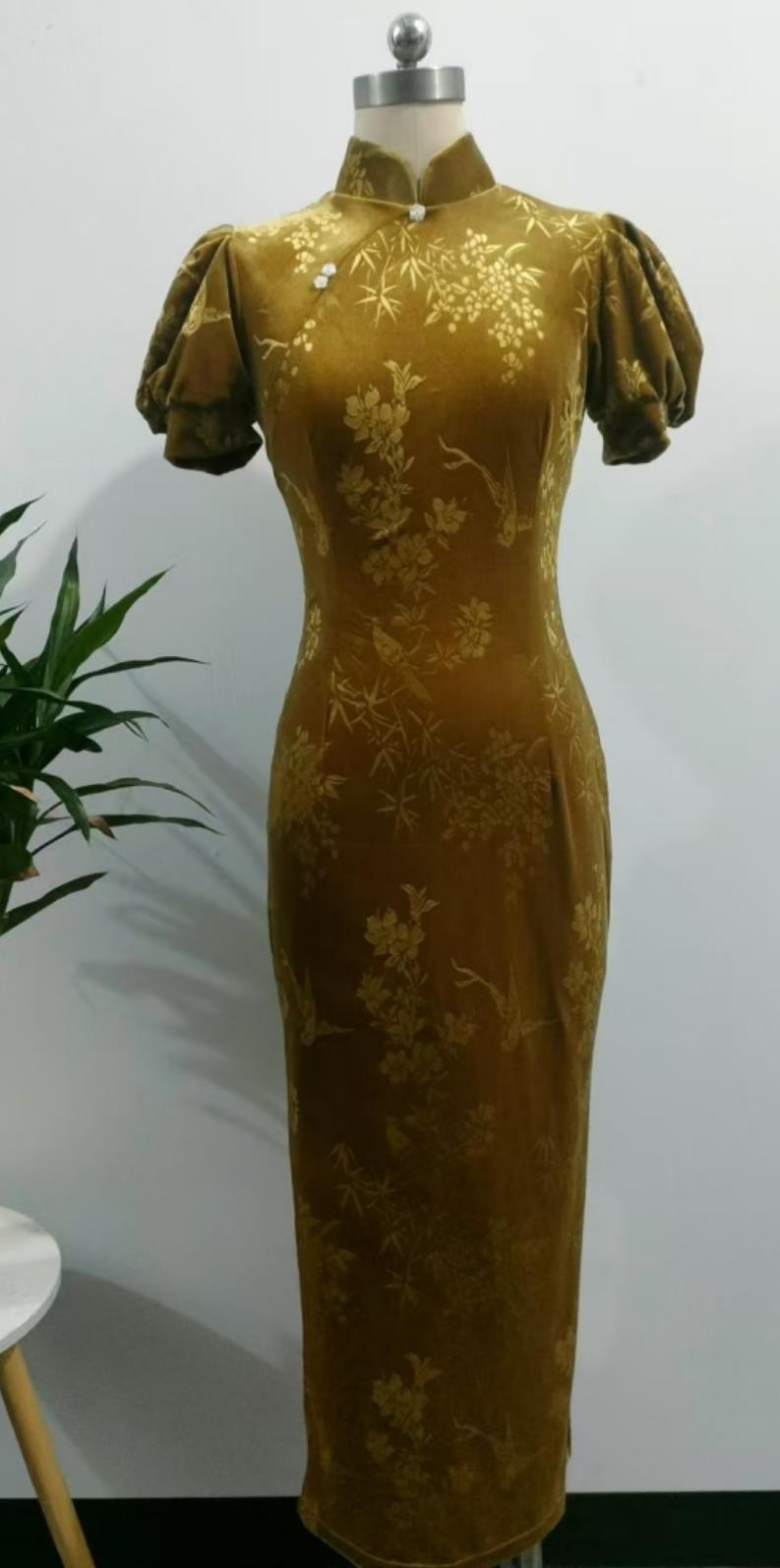 Plus Size 150kg Vintage Lantern Sleeve Qipao Dress Chinese Style Long Gold Bamboo Cheongsam for Daily Wear