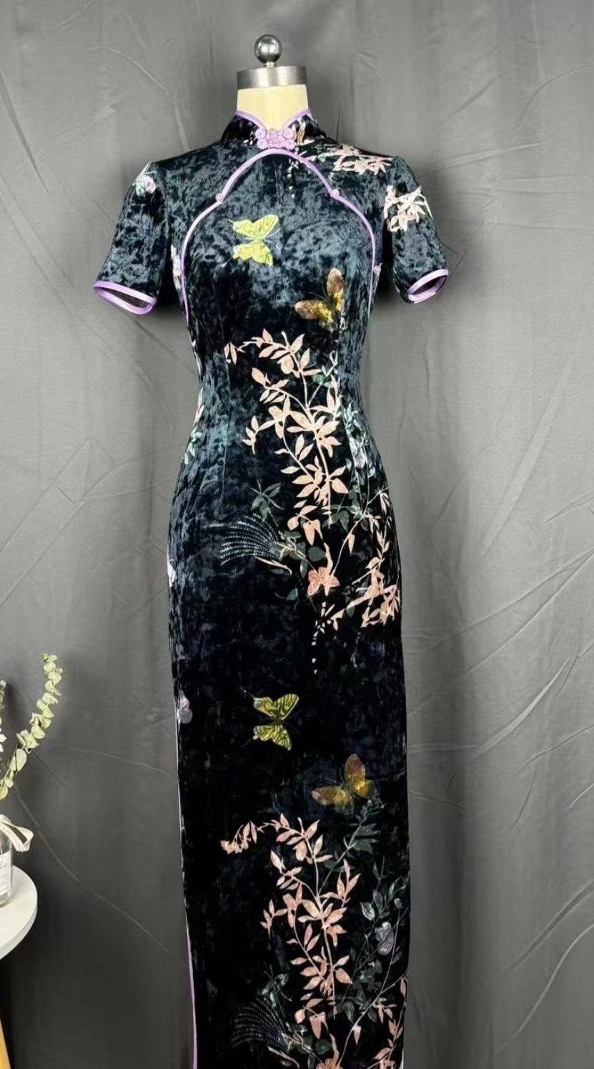 Plus Size 150kg Lucky Bamboo Butterfly Meiling Collar Short Sleeve Qipao Chinese Style Slim Fit Dress