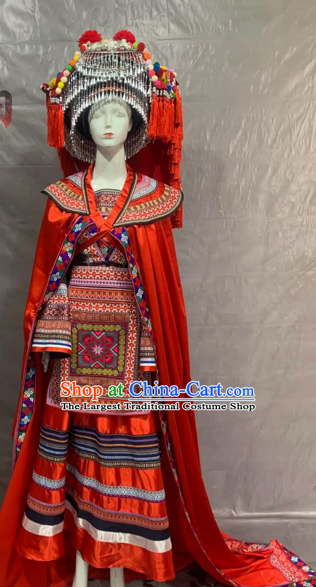 Yao Ethnic Costume Chinese Women Minority Dance Performance Red Dress Outfit Guangxi Traditional Clothing