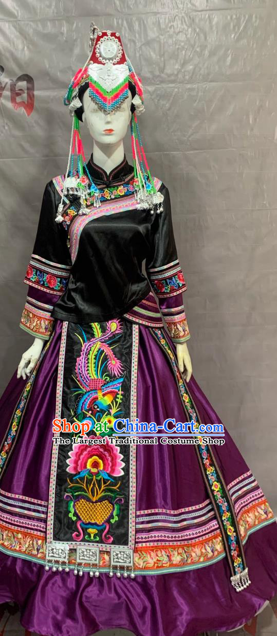 She Ethnic Costume Women Long Dress Chinese Performance Wear Embroidered 56 Ethnic Minority Purple Outfit