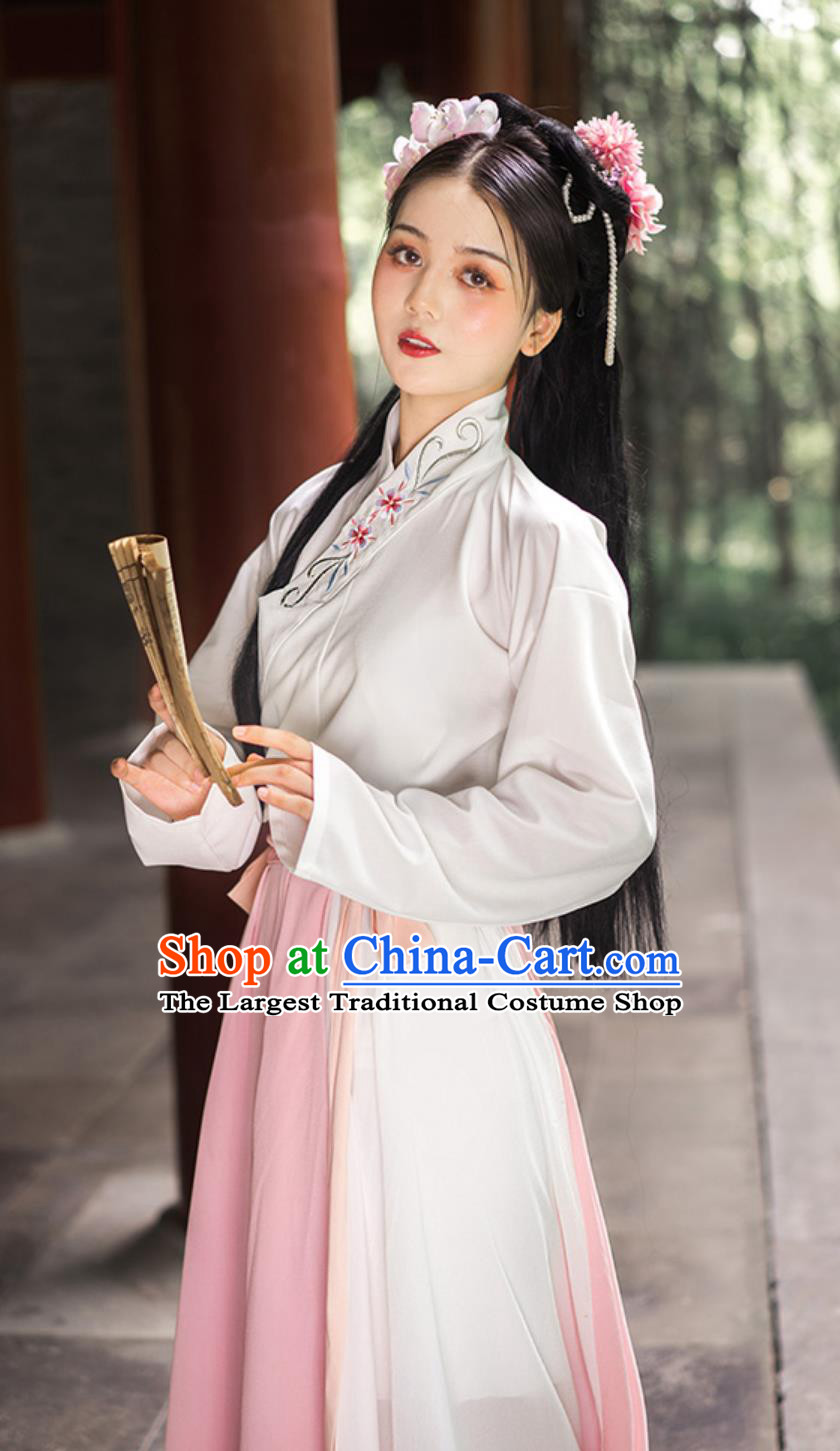 Chinese Ming Dynasty Clothing Traditional Hanfu Dress Embroidered White Shirt and Skirt Complete Set