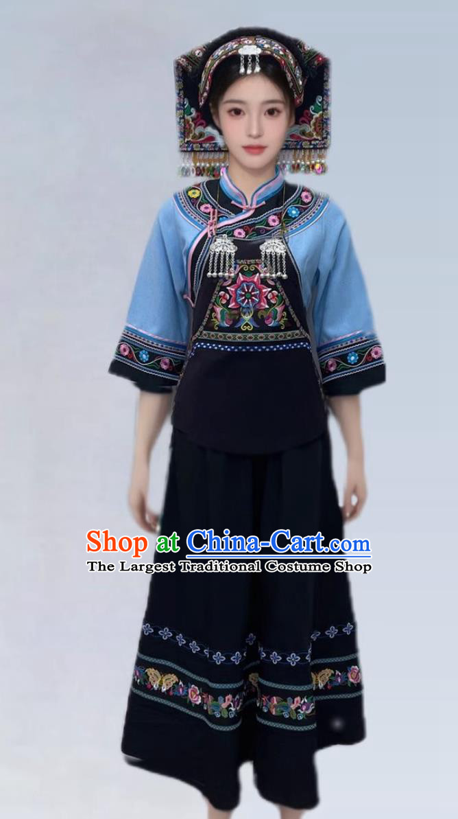 Buyi Ethnic Costume Women Tujia Ethnic Embroidered Long Dress Outfit Chinese Dance Performance Wear