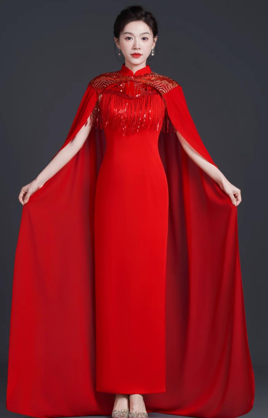 Chinese Style Red Long Cape Dress Banquet Evening Gown Stage Performance Qipao