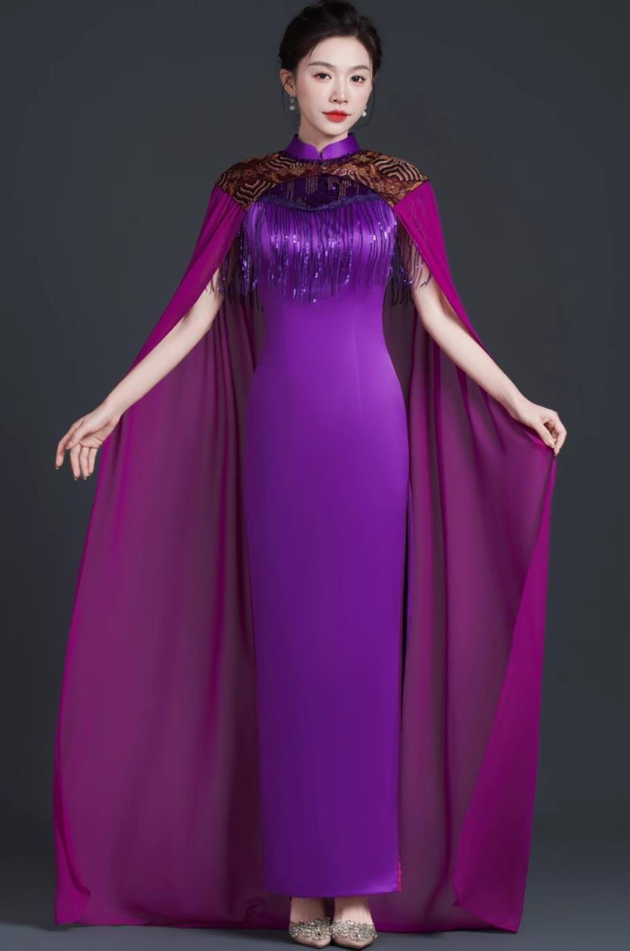Chinese Style Stage Performance Qipao Purple Long Cape Dress Banquet Evening Gown