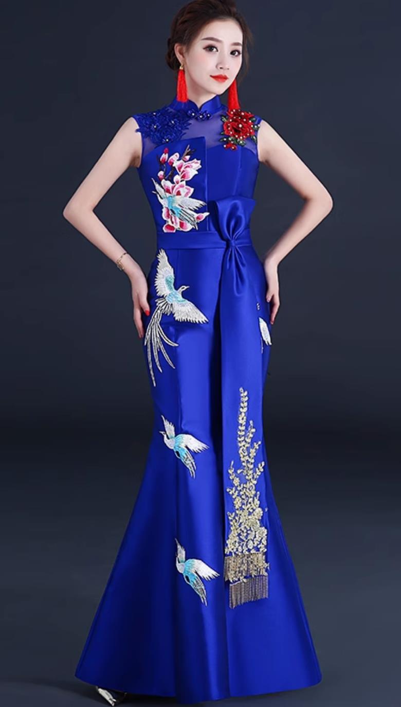 Royal Blue Dress Chinese Style Banquet Evening Gown Stage Performance Sleeveless Slim Long Qipao