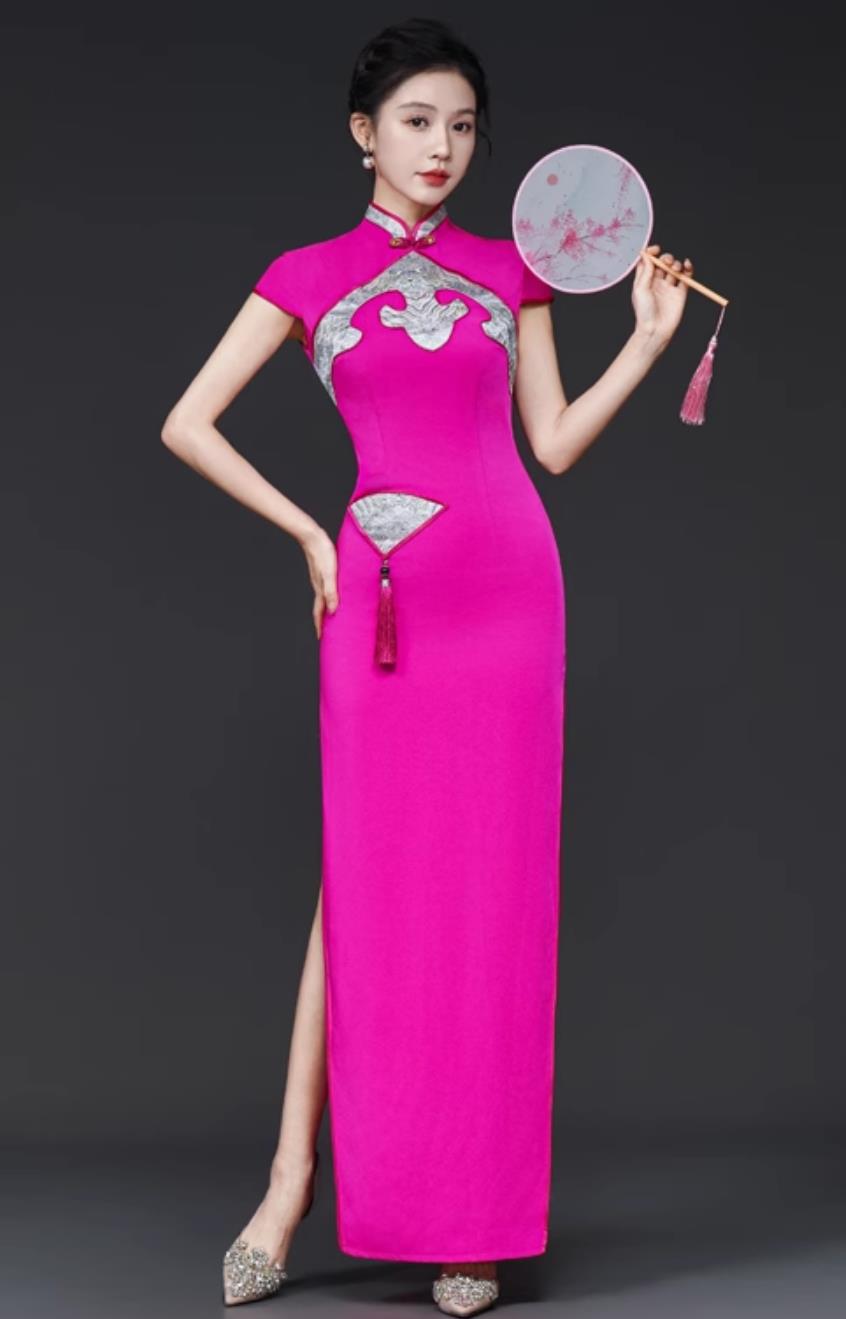 Master of Ceremonies Qipao Rose Red Performance Modified Runway Show Long Dress