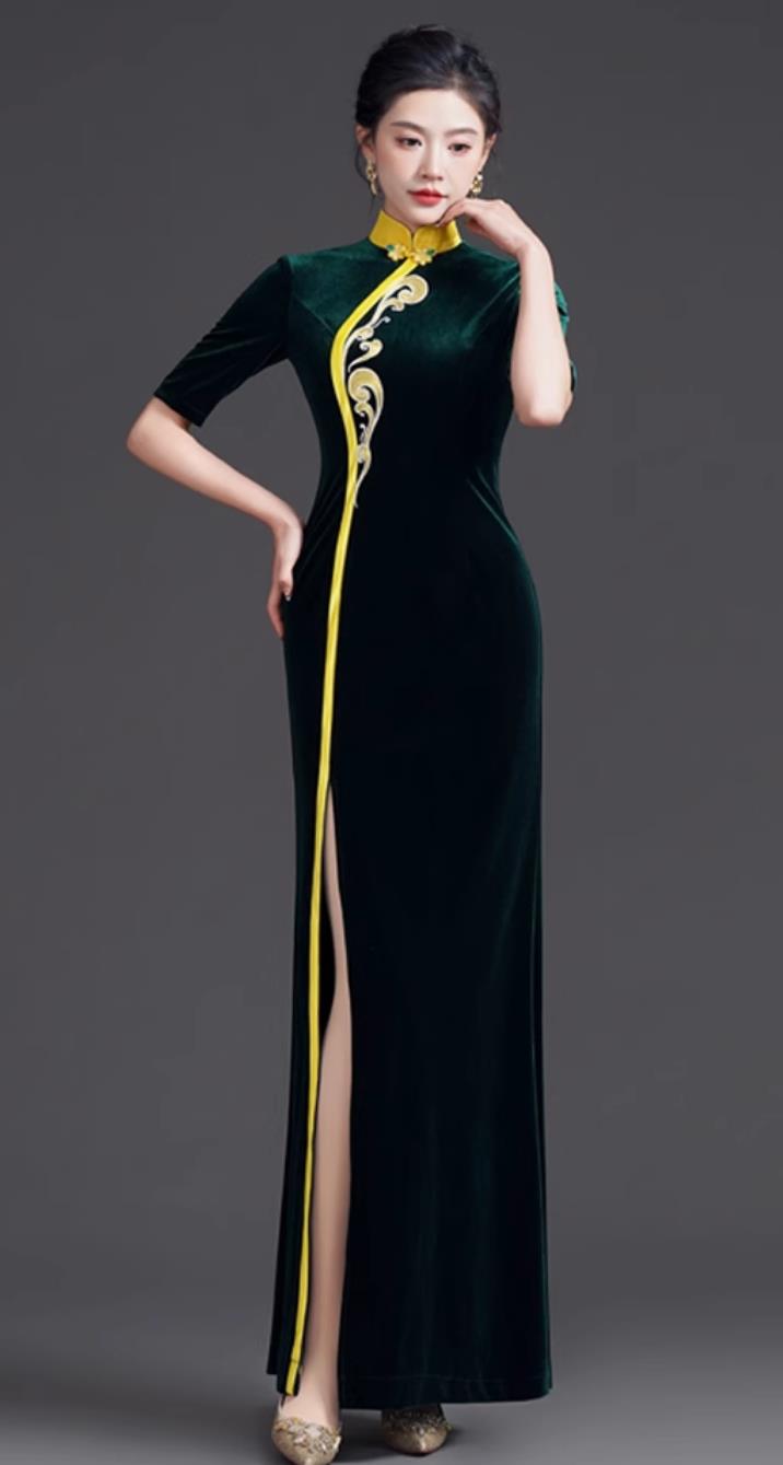 Mermaid Tail Qipao Dress Dark Green Slimming Velvet Runway Long Gown
