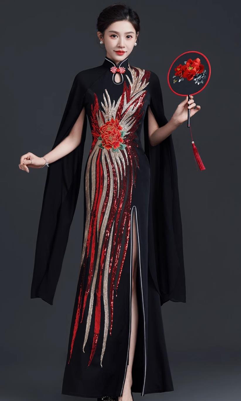 Chinese Style Stage Guzheng Water Sleeve Performance Dress Mermaid High Slit Qipao Evening Gown Black