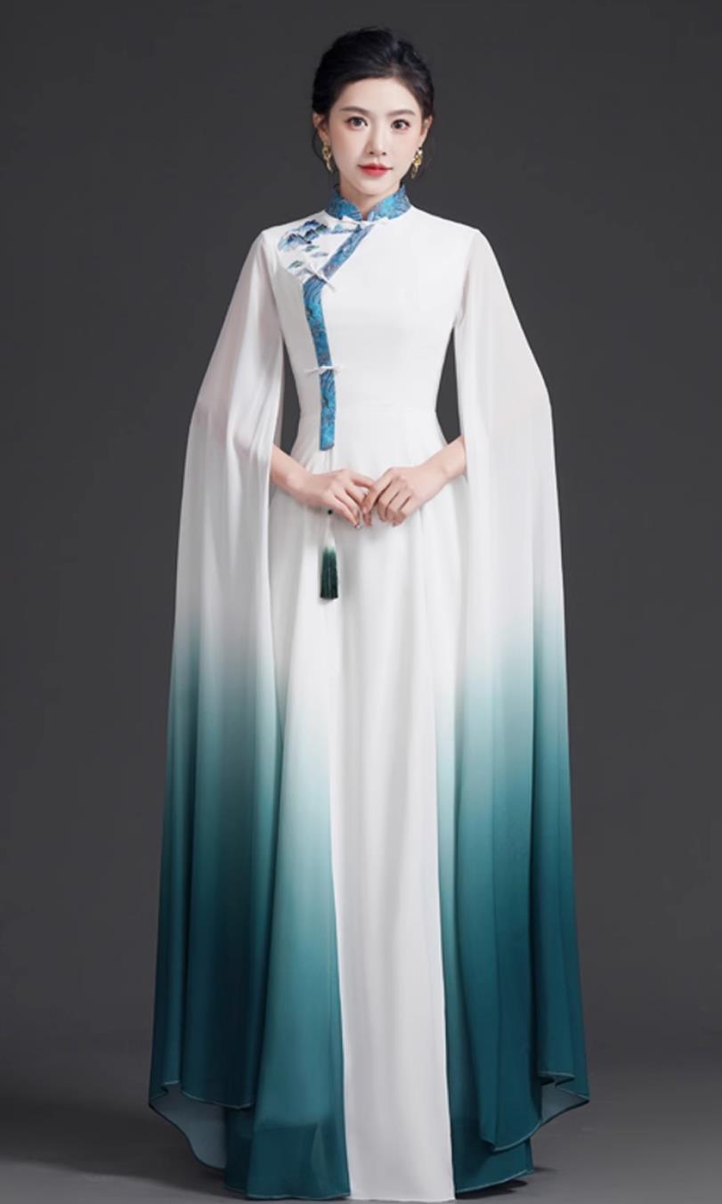 Chinese Style Chiffon Dress Guzheng Folk Music Choir Performance Costume