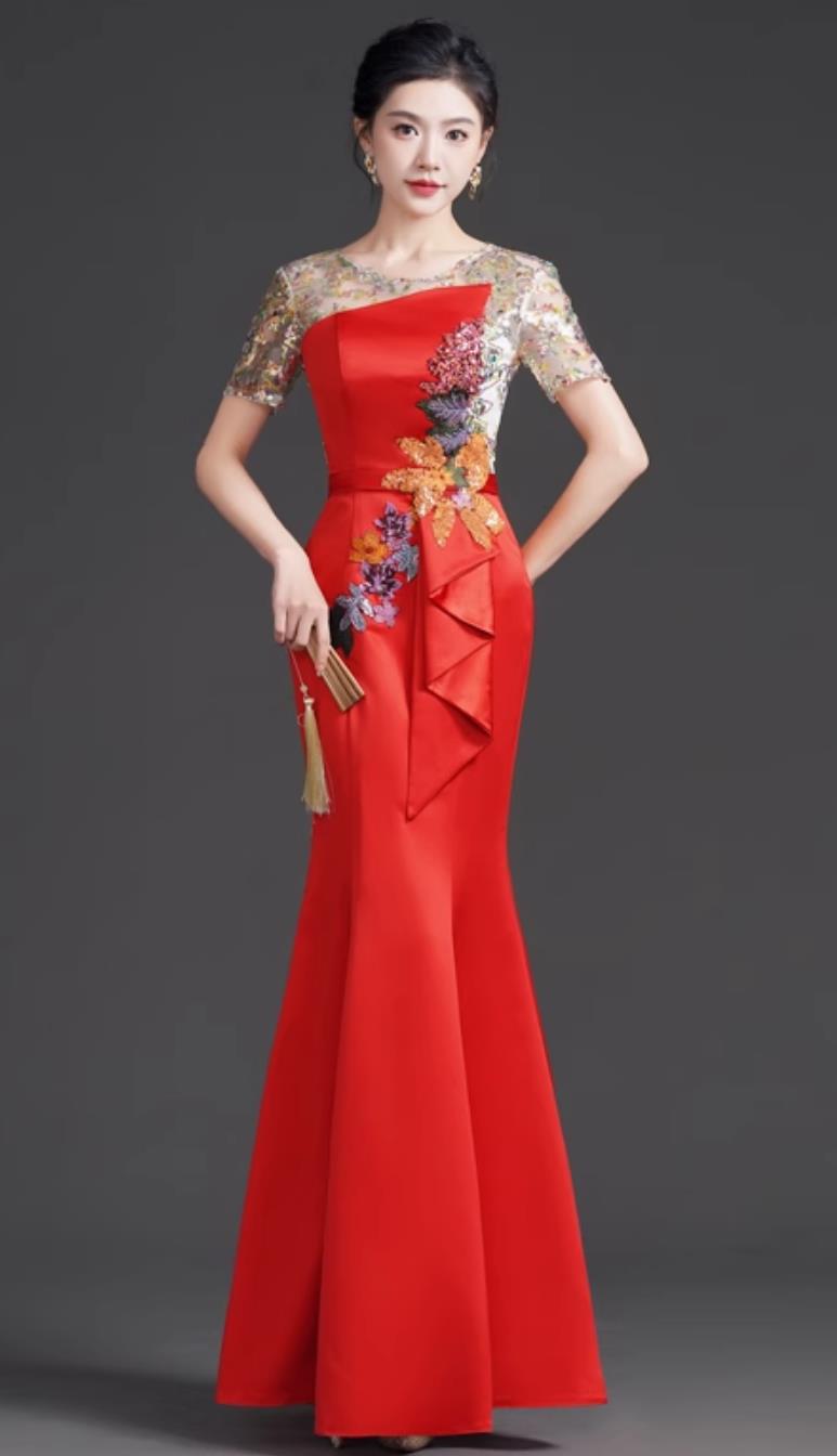 Chinese Style Fashion Round Neck Sequin Evening Gown Red Luxury Niche Banquet Hostess Mermaid Performance Dress