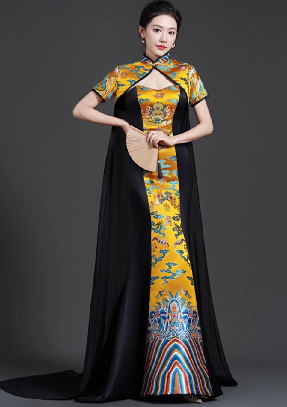 High End Banquet Evening Gown Long Trailing Black Cape Strapless Model Catwalk Performance Costume