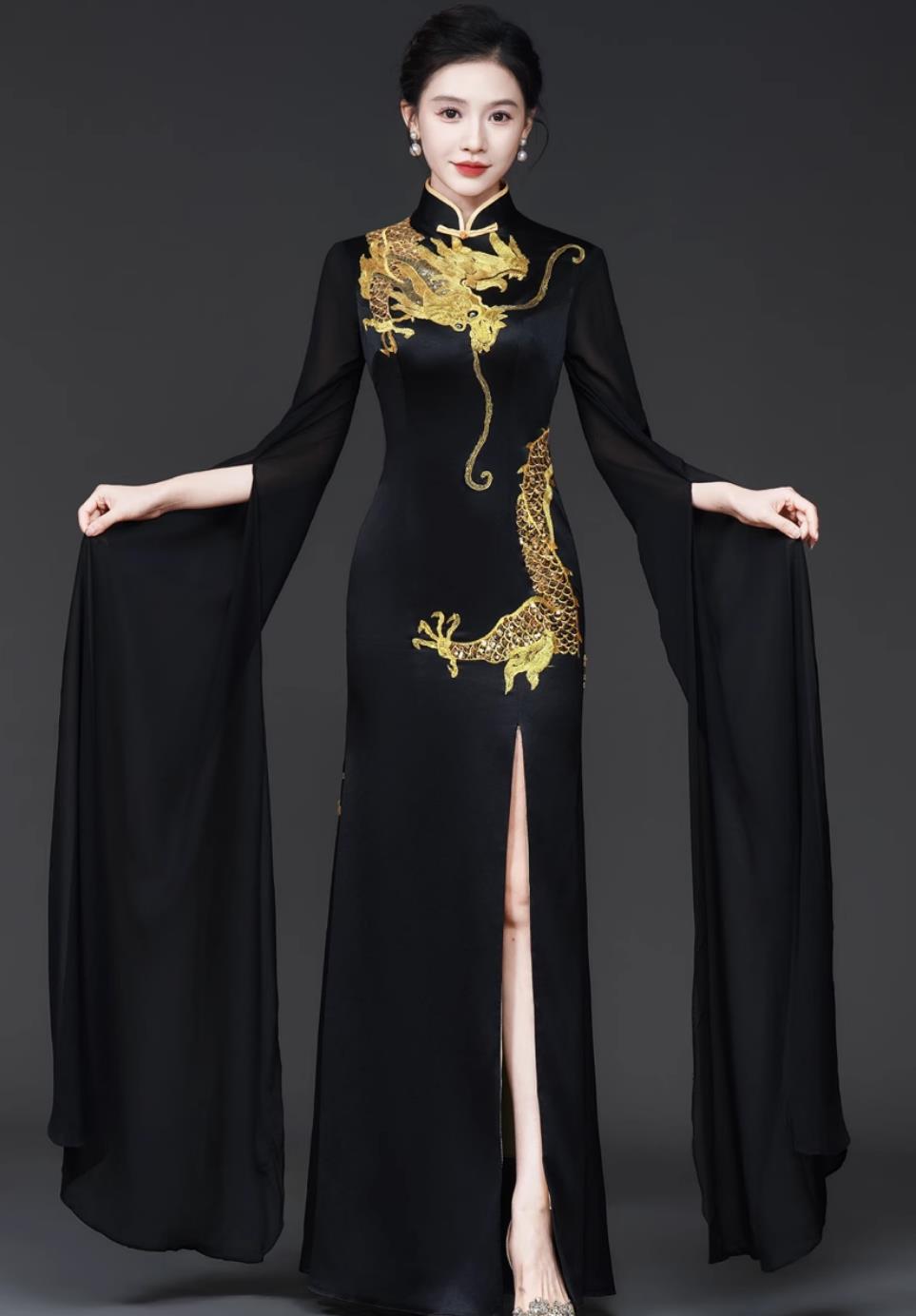 Women Runway Cheongsam Performance Costume Black Fashionable Chinese Style Long Stage Outfit Traditional Dress With Dragon Embroidery