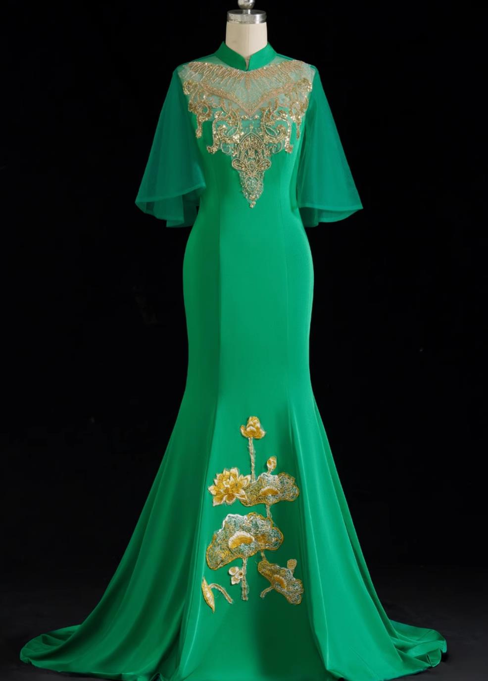 Chinese Style Evening Gown Green Trailing Long Style Runway Performance Outfit Mermaid Fit Annual Gala Dress