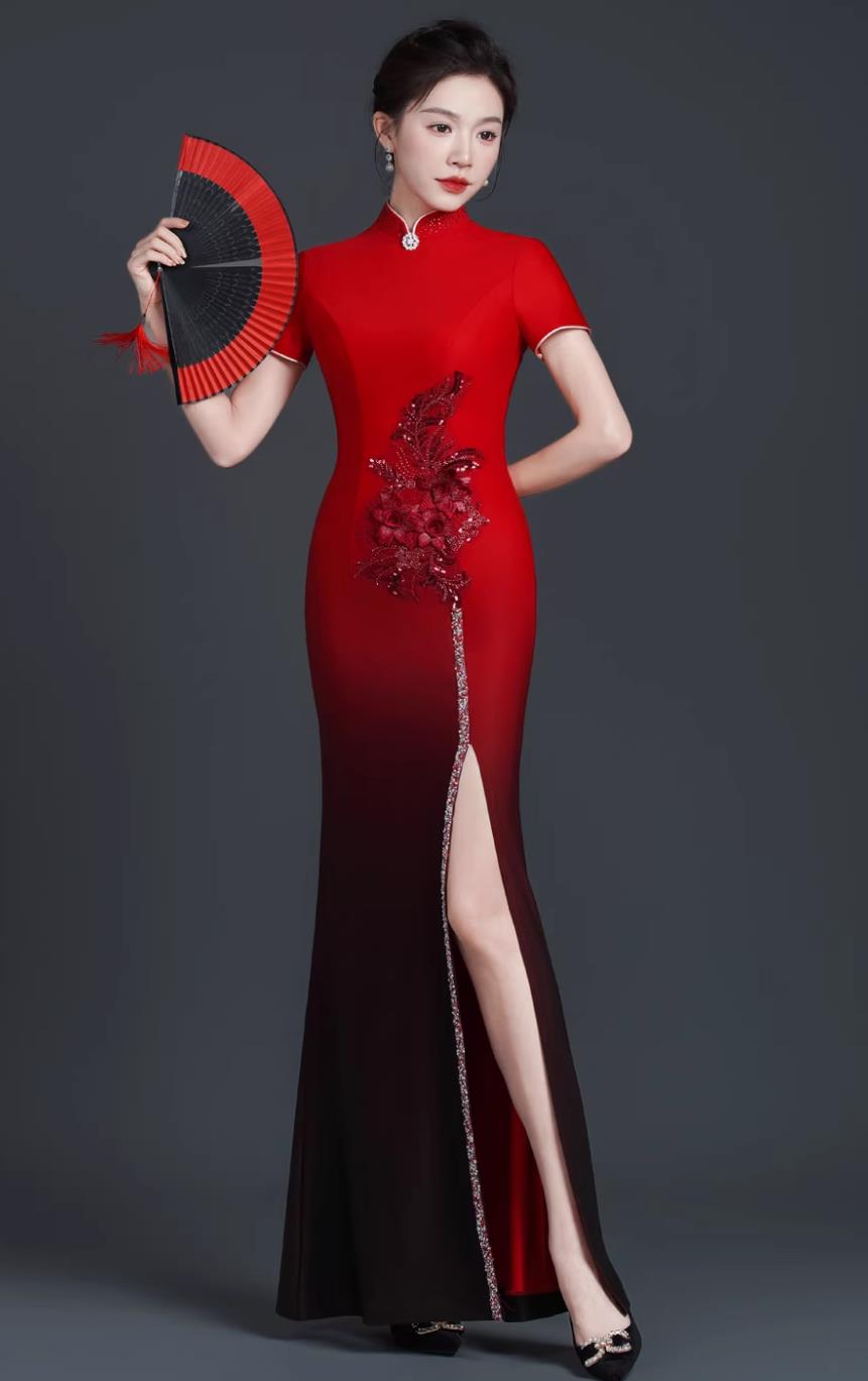 Model Stage Catwalk Performance Qipao Slim Long Dress Chinese Style Banquet Evening Gown