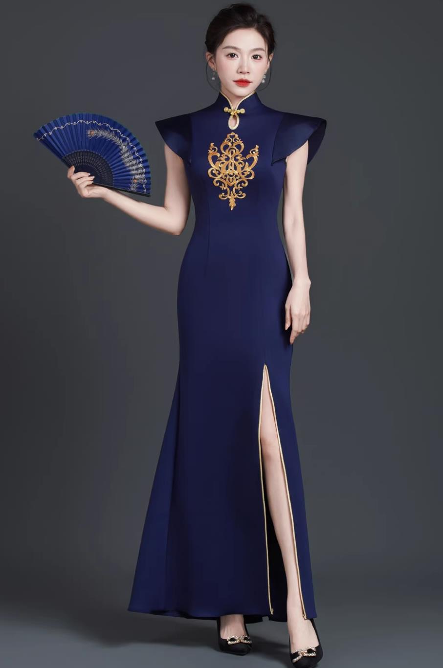 Navy Blue Model Stage Runway Show Performance Qipao Slim Fit Long Dress Chinese Style Banquet Evening Gown