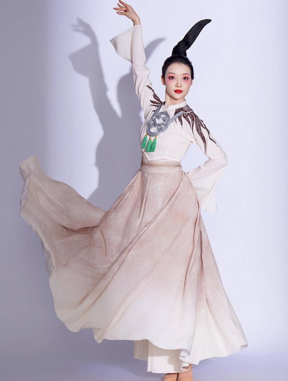 Women Elegant Chinese Style Jade Bird Dance Outfit Classical Dance Costume Art Exam Fan Dance Performance Wear