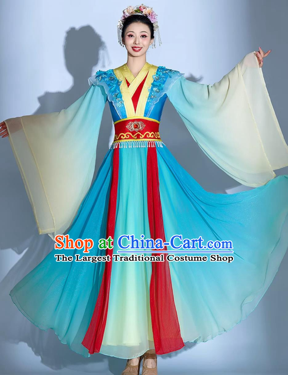 Chinese Han Tang Dynasty Ethereal Dance Attire Classical Dance Costume Seven Fairies Blue Dress