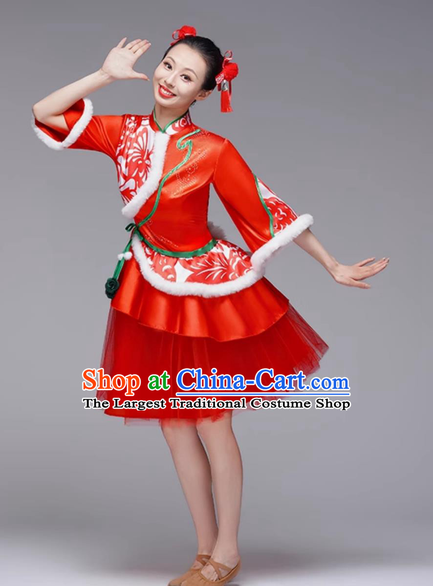 Chinese Festive Yangko Performance Costume Women Drum Dance Outfit Waist Drum Red Short Dress