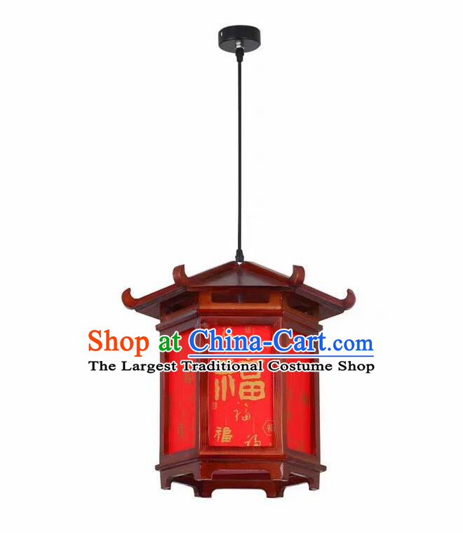 Classical Wooden Art Chinese Pendant Light Waterproof Outdoor Balcony Lamp Corridor Vintage Hexagonal Palace Lantern