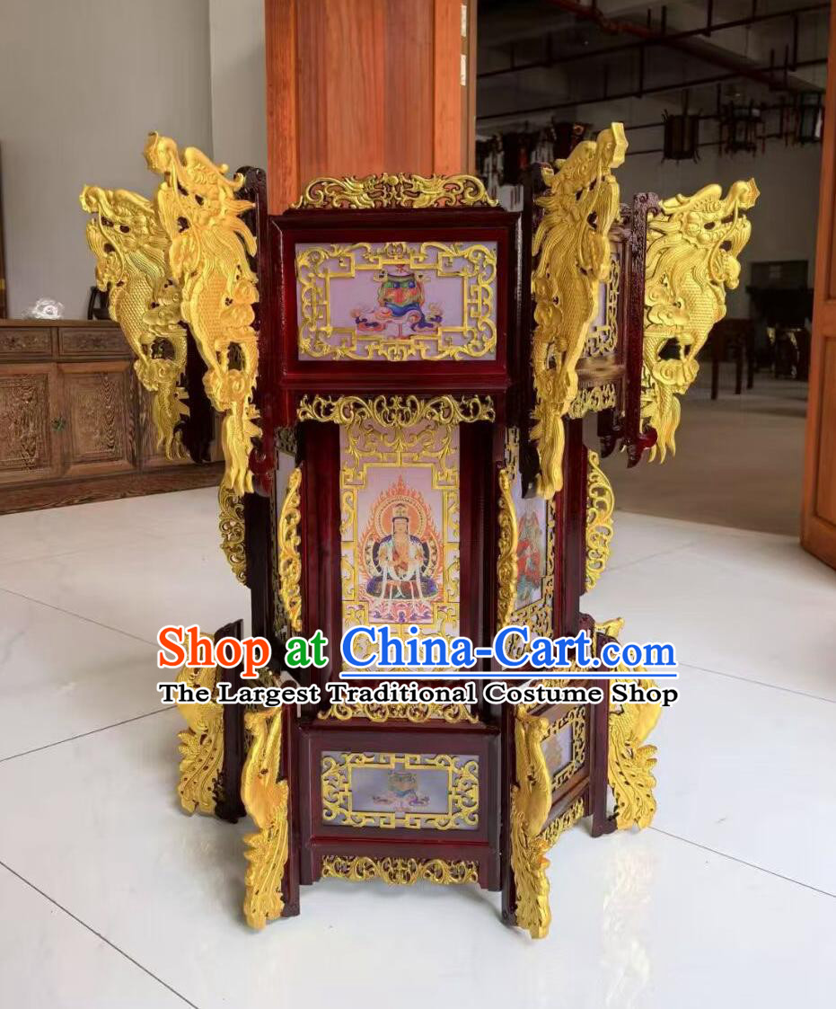 Handmade Glass Palace Lantern Chinese Buddha Hall Lamp Classical Wooden Art