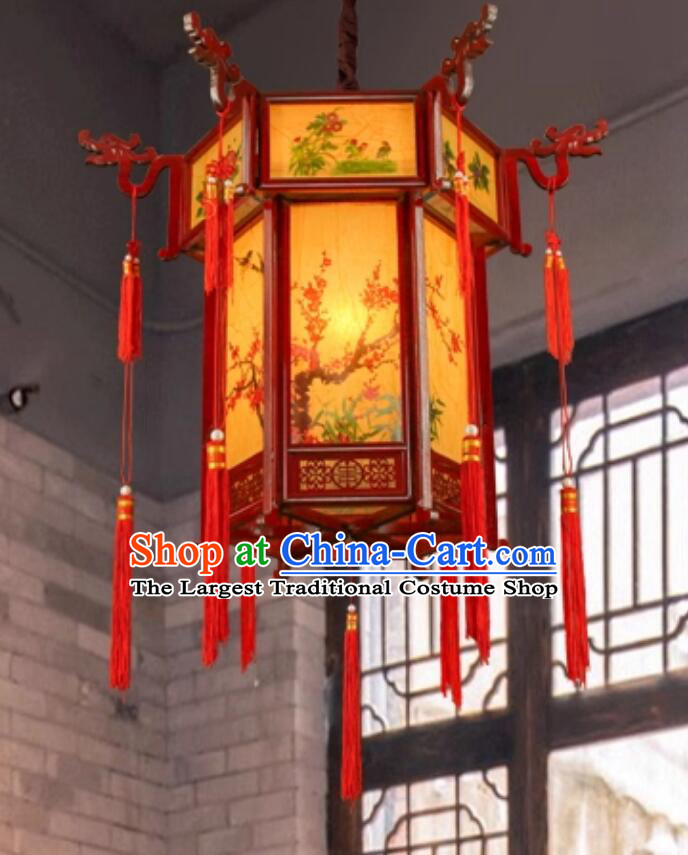 Chinese Antique Palace Lantern Wood Hexagonal Courtyard Lamp Handmade Hanging Light