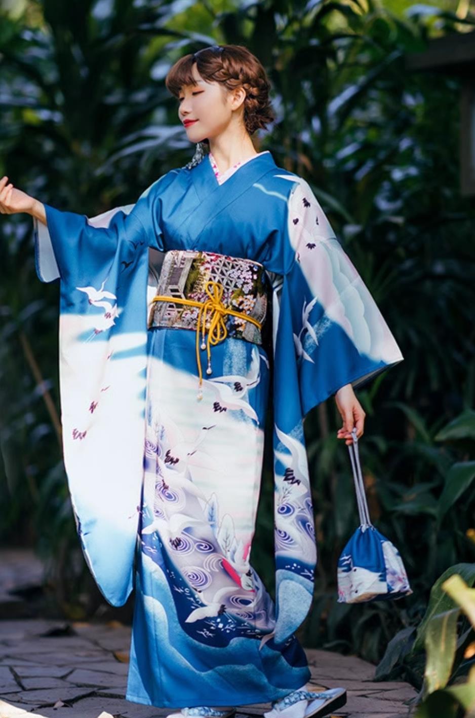 Japanese Traditional Women Modified Blue Crane Furisode Kimono