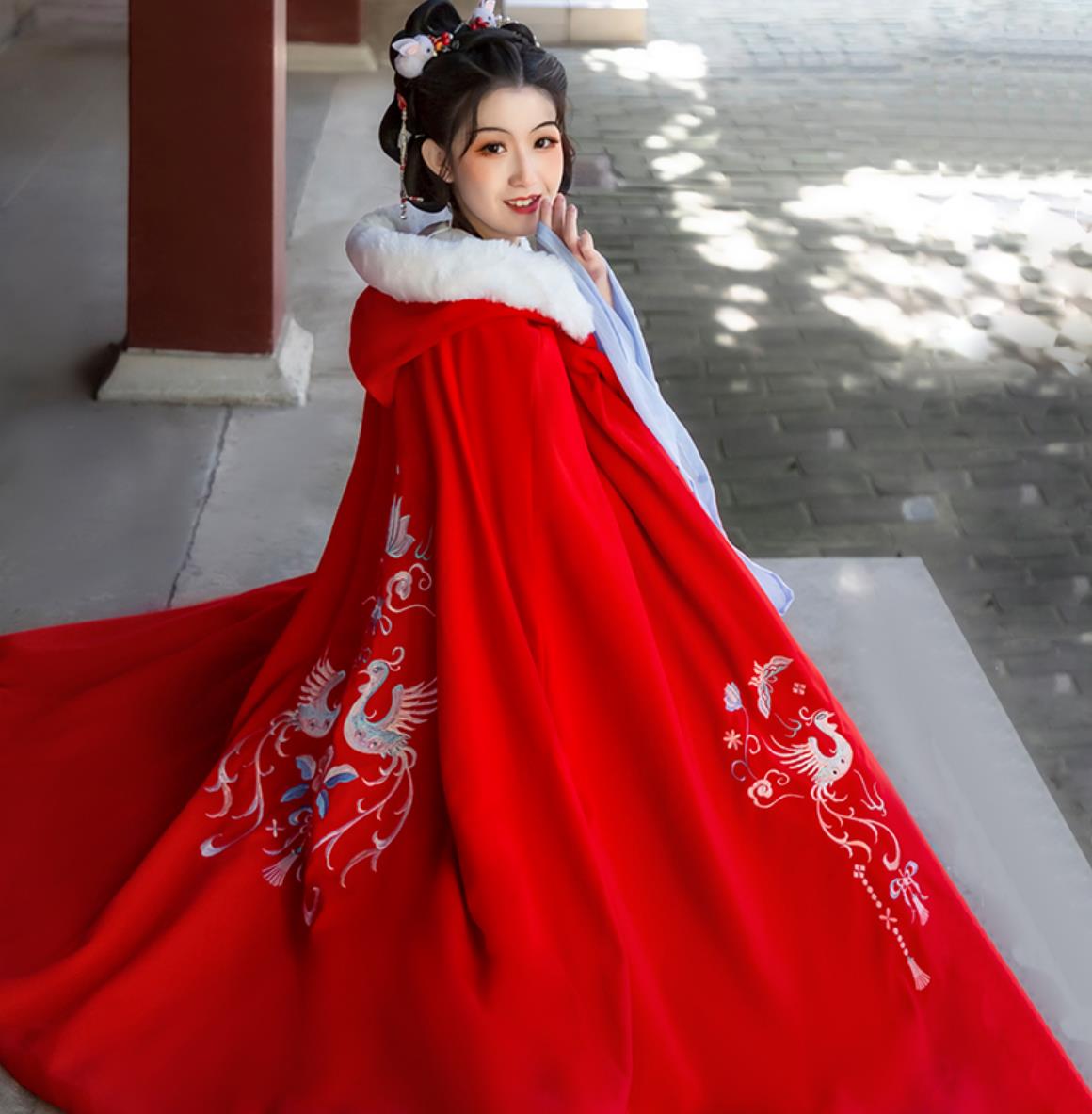 Chinese Hanfu Cape Women Winter Woolen Coat Red Heavy Embroidery Cloak